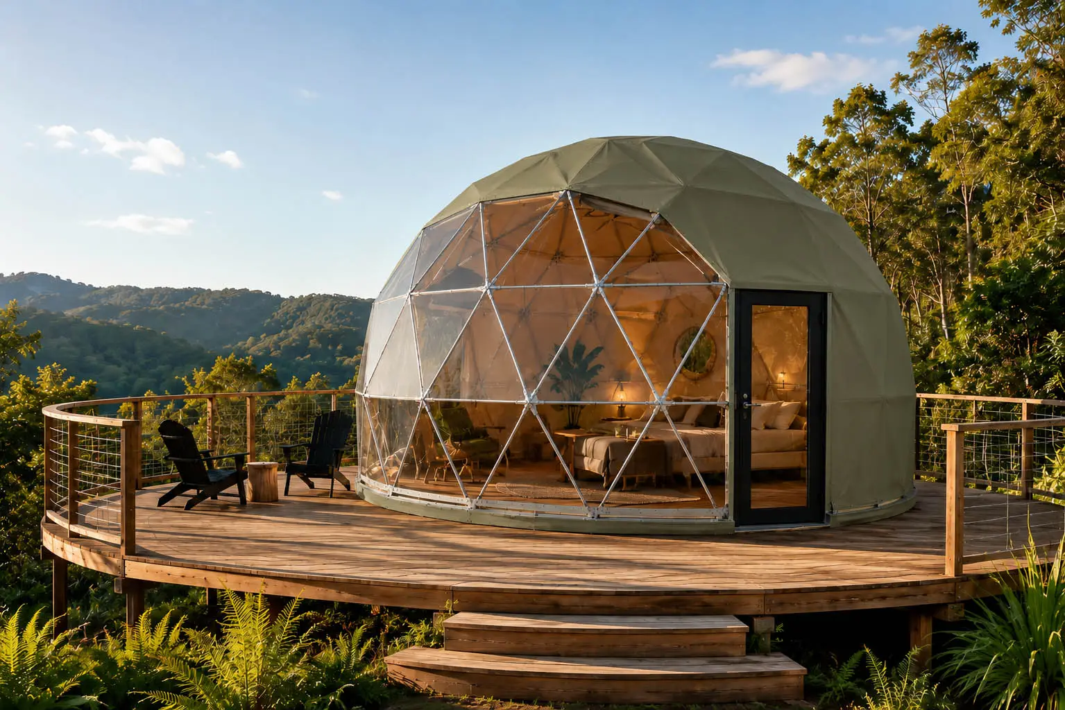 Example of a Premium 5m Geodesic Dome Setup in the colour Forest-Olive