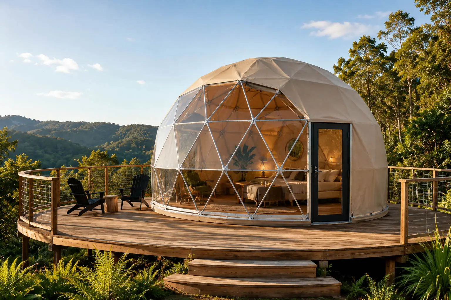 Example of a Premium 5m Geodesic Dome Setup in the colour Sandstone