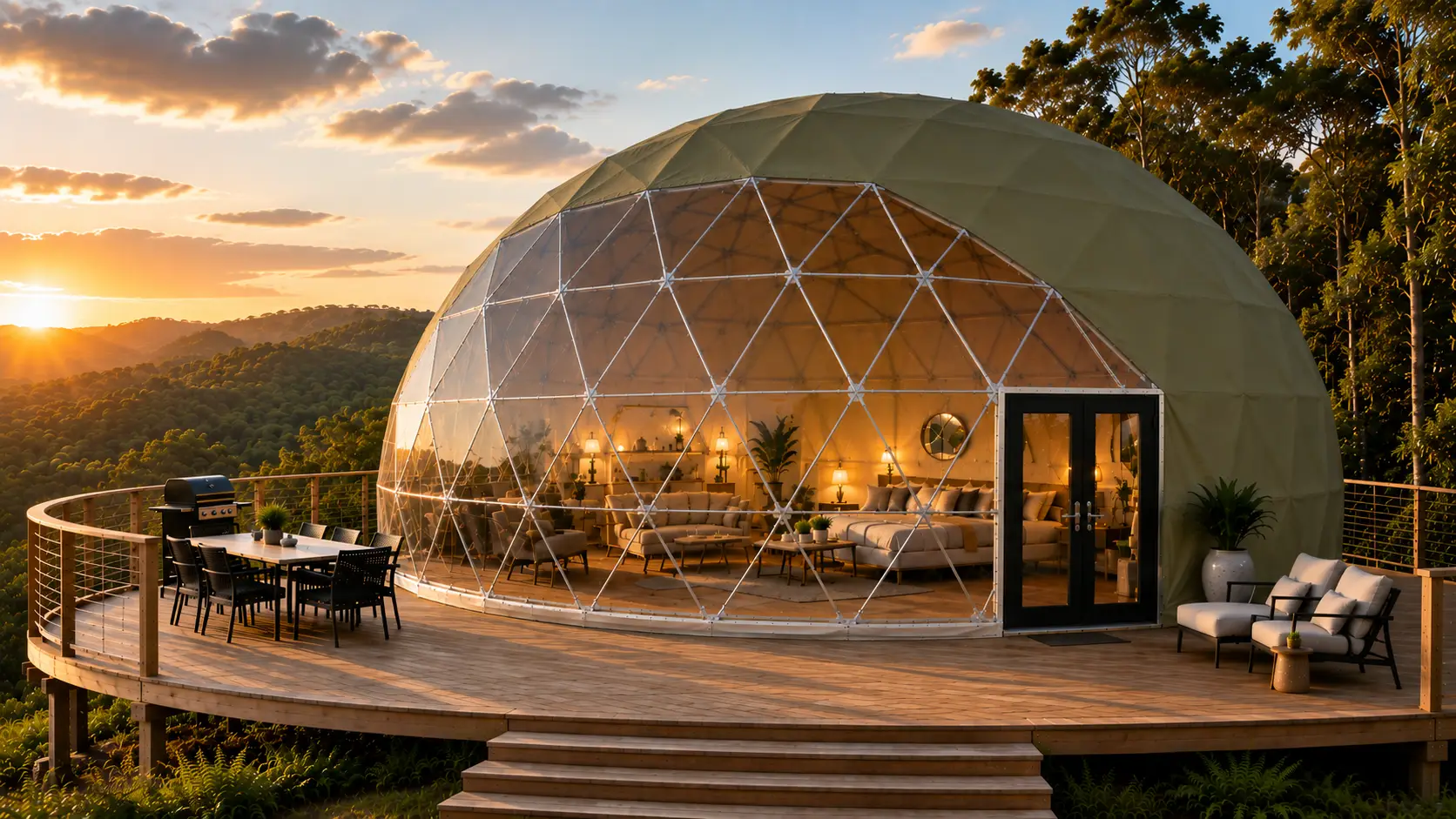 Example of a Premium 8m Geodesic Dome Setup in the colour Forest-Olive