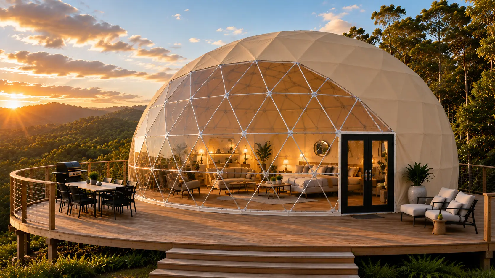 Example of a Premium 8m Geodesic Dome Setup in the colour Sandstone