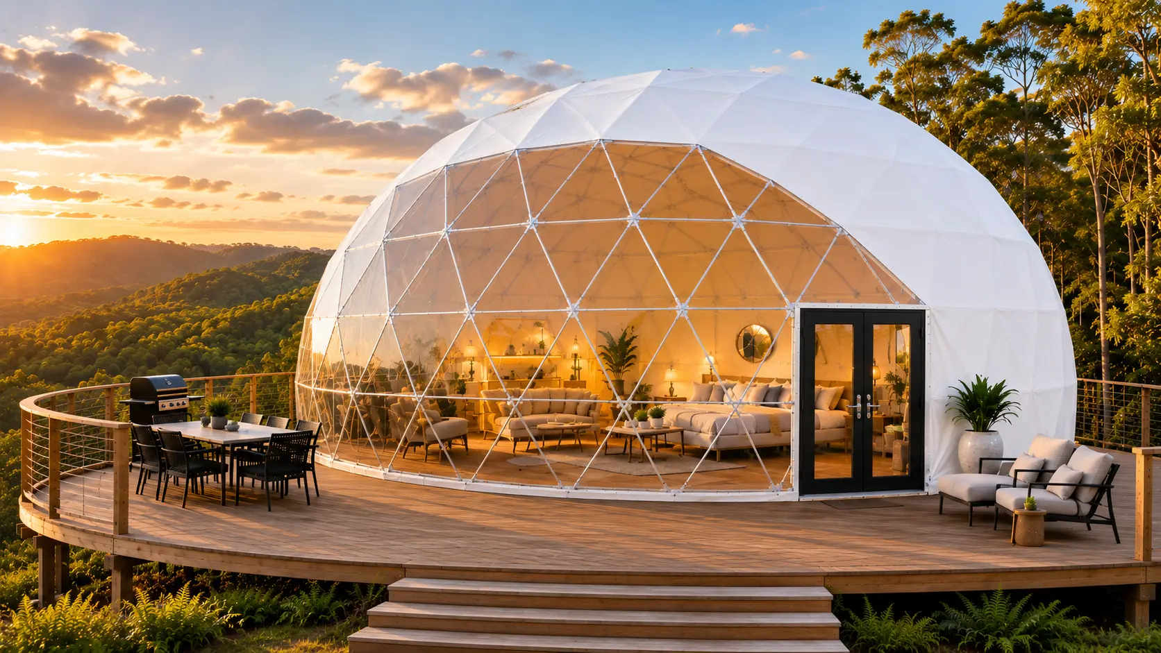 Example of a Premium 8m Geodesic Dome Setup in the colour White