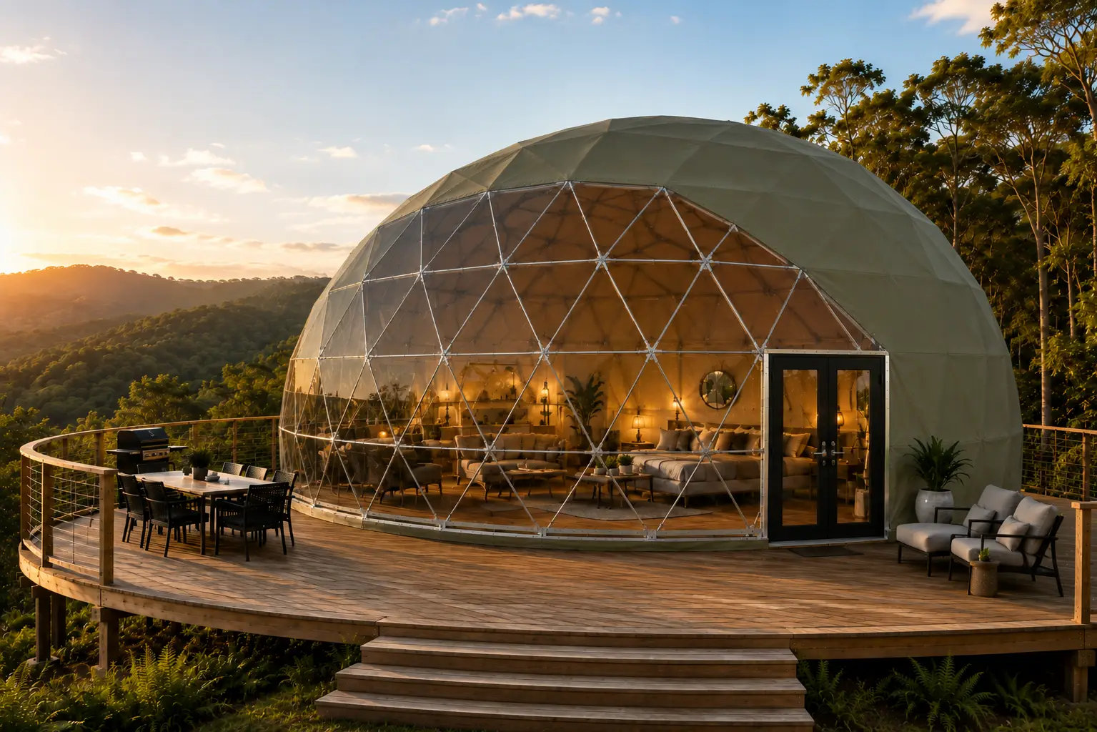Example of a Premium 9m Geodesic Dome Setup in the colour Forest-Olive