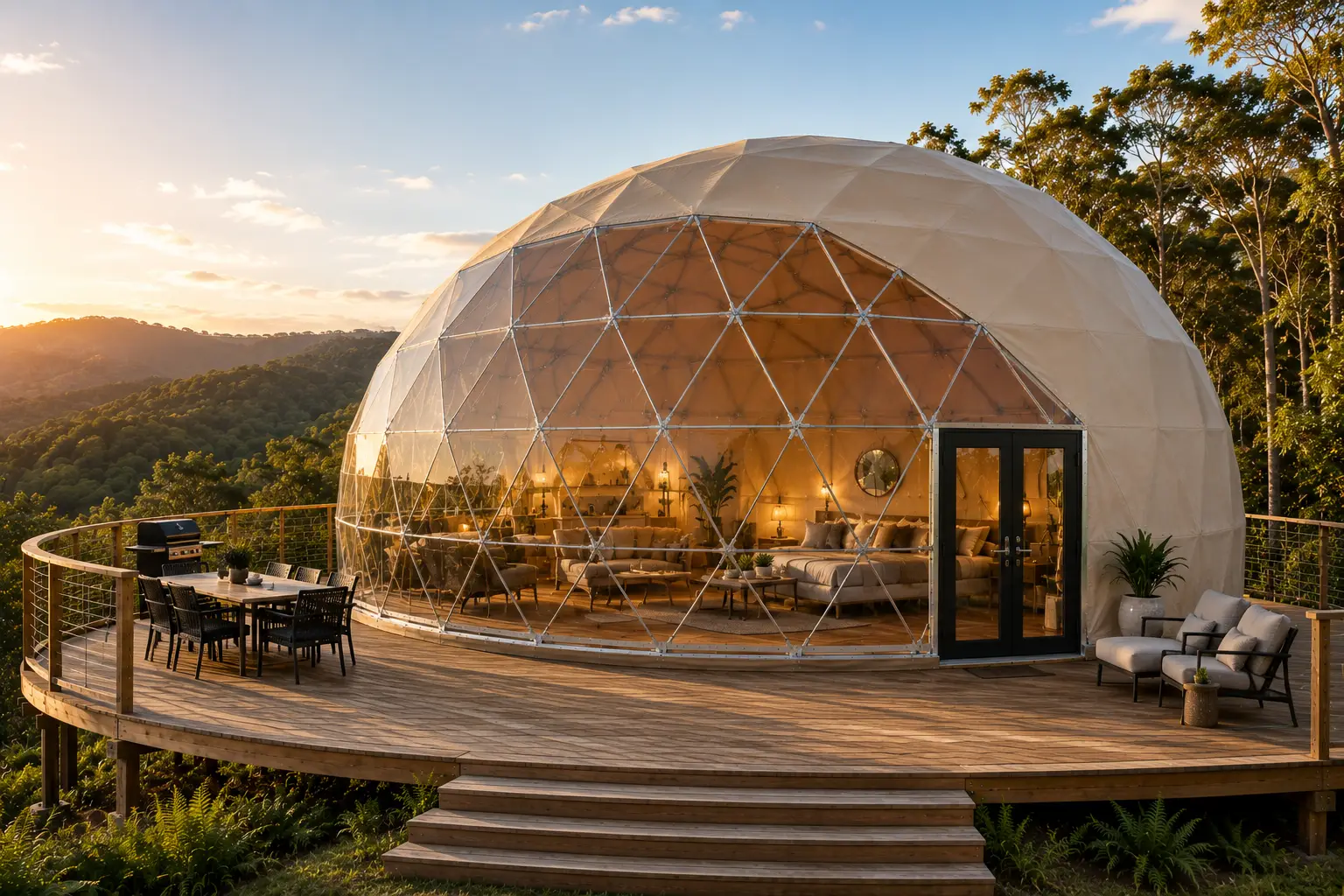 Example of a Premium 9m Geodesic Dome Setup in the colour Sandstone